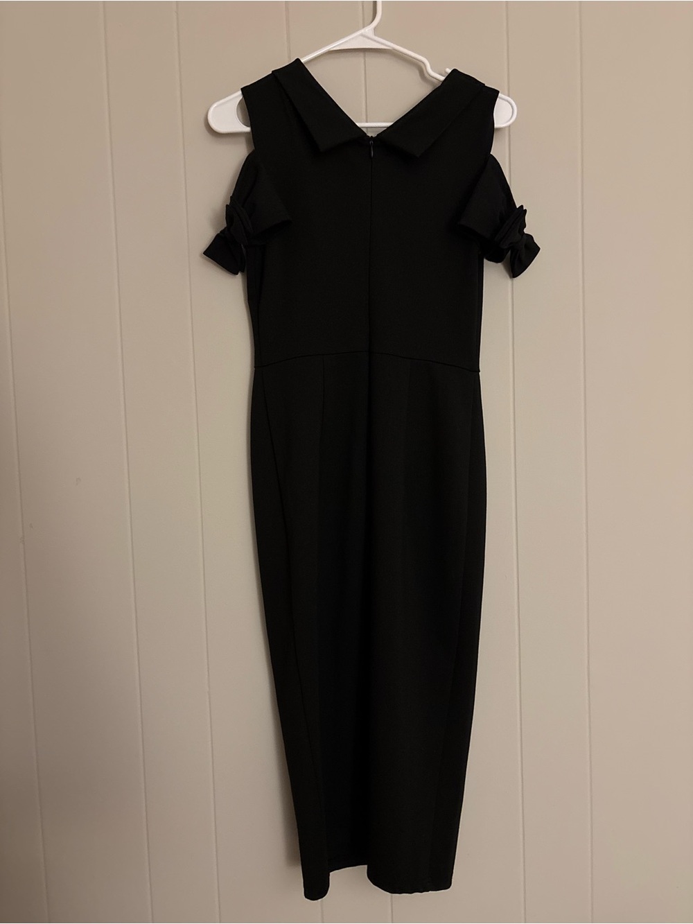 Black Cold-Shoulder Midi Dress with Bow Sleeve Detail